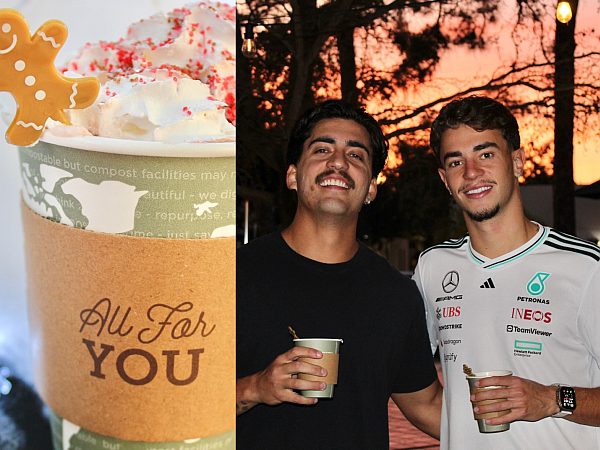 collage of 2 images: closeup of hot chocolate and 2 students outside